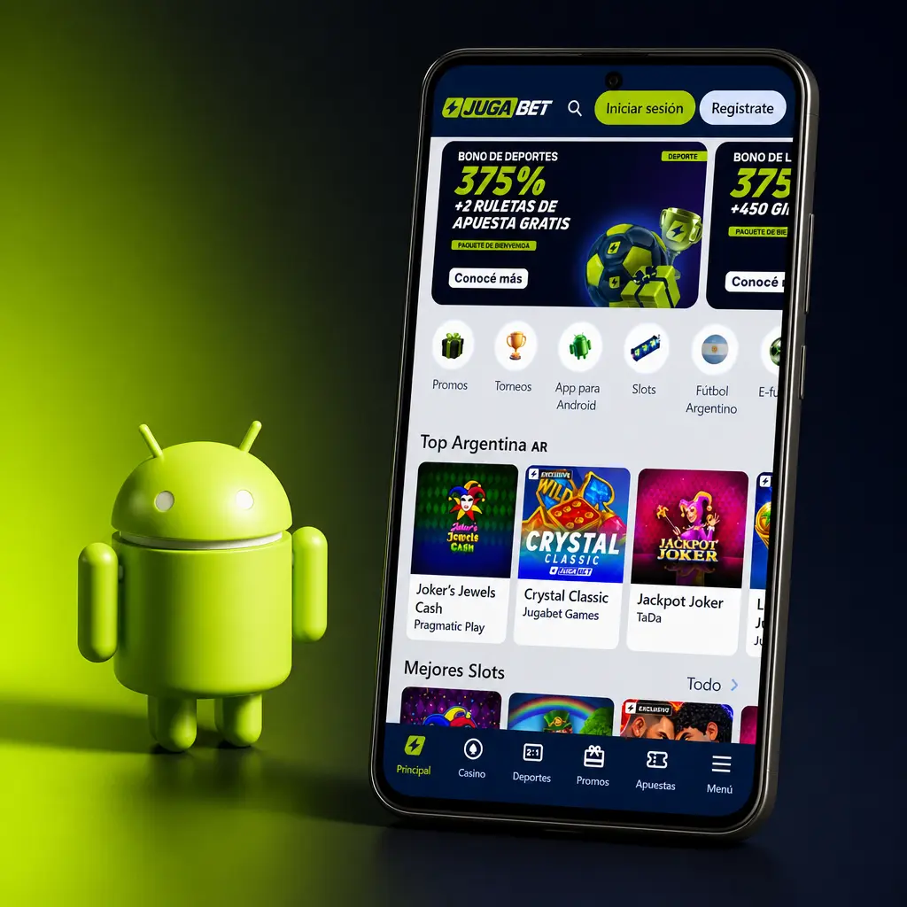 Ícono de descarga de la app Android de Jugabet, compatible con Android 6.0 o superior, mediante archivo APK.