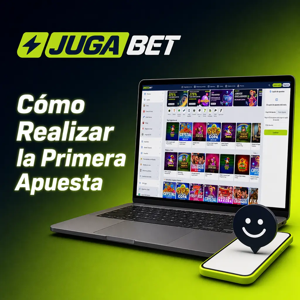 Guía visual para realizar la primera apuesta en Jugabet: elegir deporte, evento, armar cupón y confirmar.